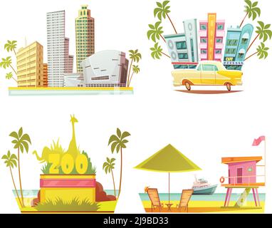 Miami 2x2 design concept with skyscrapers city zoo lifeguard cabin on beach cartoon compositions flat vector illustration Stock Vector