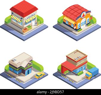 One-storeyed shop buildings offering various goods set on white background isometric isolated vector illustration Stock Vector