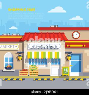 Street shops retro design concept with fruits shop in center and boxes of apples and strawberries on sidewalk flat vector illustration Stock Vector
