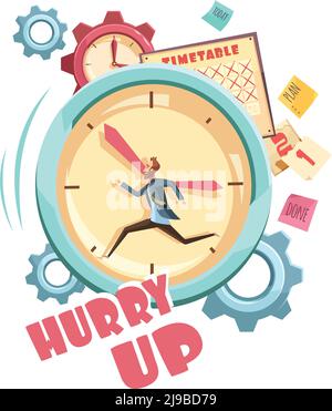 Time control retro cartoon design with running man on clock background schedule and grey gears vector illustration Stock Vector