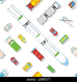Transport seamless pattern of different types of vehicles predominantly cars and train top view flat vector illustration Stock Vector