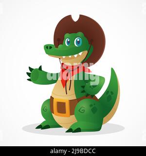 Funny cartoon crocodile cowboy mascot saying hello. Flat animal character for fairytale and kid story. Wild west alligator Stock Vector