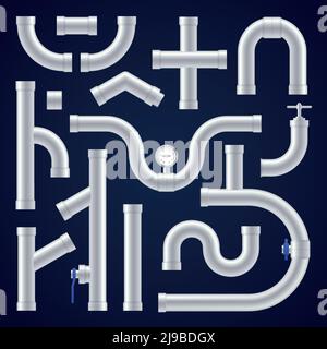 Plastic pipes realistic set on dark blue background isolated vector illustration Stock Vector
