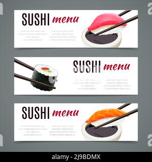 Sushi menu banners horizontal with salmon roll and chopsticks isolated vector illustration Stock Vector
