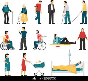 Set of disabled people including blind deaf injured and elderly persons pregnant woman infant isolated vector illustration Stock Vector