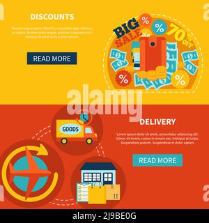 Online shopping 2 horizontal banners set with read more button discounts delivery sale discounts e-commerce shipping symbols flat vector illustration Stock Vector