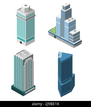 Skyscrapers 3d isometric office buildings business apartment set isolated vector illustration Stock Vector