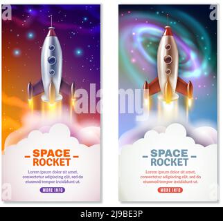 Vertical banners with space rocket launch on colorful background with planets and stars isolated vector illustration Stock Vector