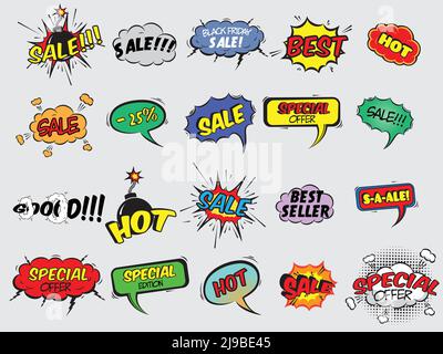 Pop art comic sale discount promotion decorative icons set with bomb explosive isolated vector illustration Stock Vector