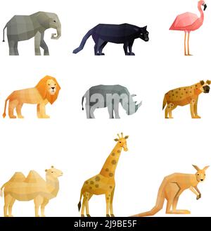 Southern wild animals polygonal icons set with giraffe kangaroo lion camel and pink flamingo isolated vector illustration Stock Vector