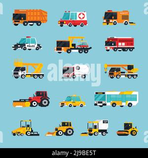 Special and emergency transport flat colored icons set with vehicles used  for professional service on city streets vector illustration Stock Vector