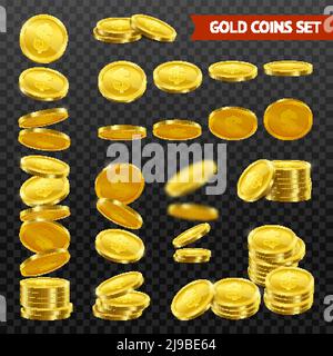 Gold coins with dollar symbol collection falling in stacks rolls on black transparent background realistic vector illustration Stock Vector