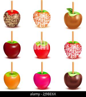 Whole candy apples covered in hard toffee caramel sugar or chocolate coating with stick realistic set vector illustration Stock Vector