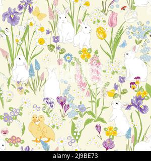 Cute bunny and Duckling in Spring Bloomy flourish garden vector seamless pattern. Vintage romantic nature hand drawn print. C Stock Vector