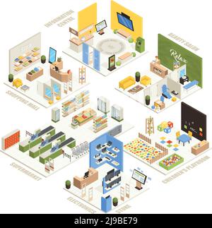 Shopping mall electronics store children playroom information  center supermarket and beauty salon isometric composition poster vector illustration Stock Vector