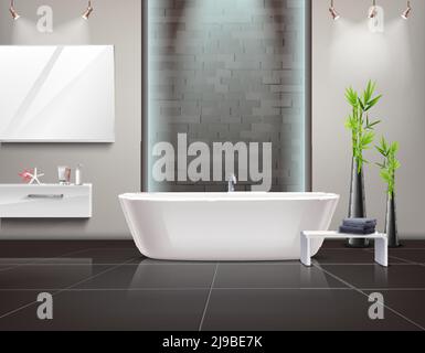 Realistic bathroom interior with mirror and lighting, stand with towels near tub on tiled floor vector illustration Stock Vector
