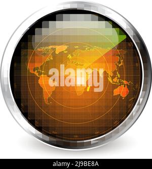 Realistic surveillance radar icon with metal frame round glossy surface and world map with luminous reflection vector illustration Stock Vector