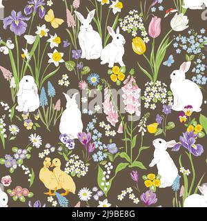 Cute bunny and Duckling in Spring Bloomy flourish garden vector seamless pattern. Vintage romantic nature hand drawn print. C Stock Vector