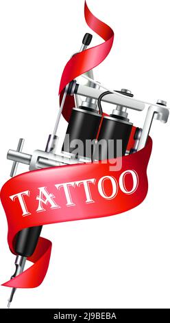 Realistic tattoo machine with red ribbon on white background vector illustration Stock Vector