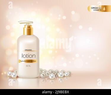 Pump top bottle with organic cosmetic lotion and gold cap decorated with scattering of pearls and glare background realistic vector illustration Stock Vector