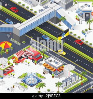 Street cafe in town square isometric composition with fountain outdoor tables fast food tents and trucks vector illustration Stock Vector
