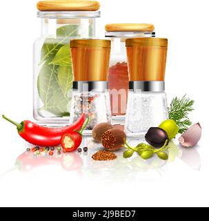 Spices 3d composition with bay leaves in glass jar pepper mill nutmeg on white background vector illustration Stock Vector