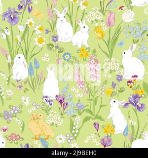 Cute bunny and Duckling in Spring Bloomy flourish garden vector seamless pattern. Vintage romantic nature hand drawn print. C Stock Vector
