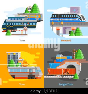 Rail transport 2x2 design concept set of passenger and freight trains monorail and tram compositions flat vector illustration Stock Vector