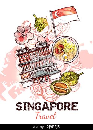 Singapore hand drawn sketch poster with flag of republic buddha tooth relic temple and marina bay sands icons vector illustration Stock Vector