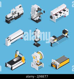 Isometric set of metalworking machines with control panel conveyor computer technologies on blue background isolated vector illustration Stock Vector