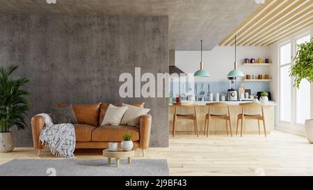Concrete wall mock up in warm tones with leather sofa which is behind the kitchen room.3d rendering Stock Photo