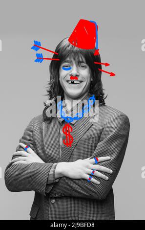 Contemporary art collage. Digital image with of young man with bright red and blue colors drawings. Concept of art, creation, aspiration, humor Stock Photo