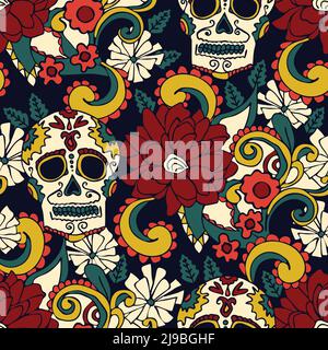 Seamless vector pattern with floral skull on dark blue background. Mexico Halloween wallpaper design. Decorative tradition fashion textile. Stock Vector