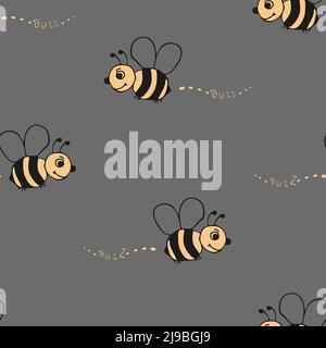 Seamless vector pattern with cute bees on grey background. Simple bumblebee wallpaper design for children. Decorative summer bug fashion textile. Stock Vector