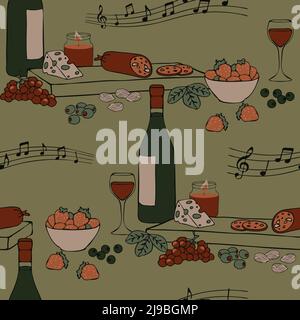 Seamless vector pattern with platter of food on green background. Decorative kitchen wallpaper design. Relax and enjoy fashion textile. Stock Vector