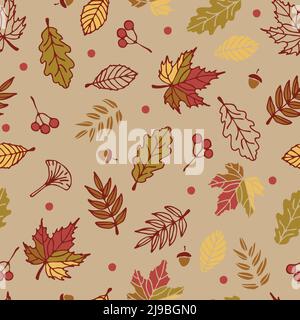 Seamless vector pattern with autumn leaves on light green background. Simple seasonal forest wallpaper design. Decorative floral fashion textile. Stock Vector