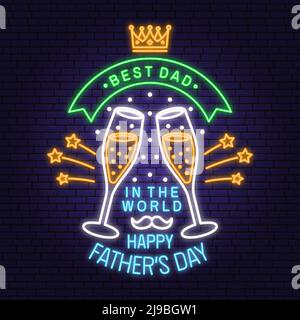 Best dad in the world. Happy Father's Day badge, logo Neon sign. Vector illustration. Vintage style Father's Day Designs with mustache and glasses of Stock Vector