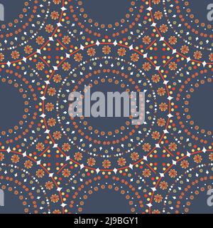 Seamless vector pattern with flower circles on blue background. Simple floral repeat wallpaper texture. Decorative wreath disc fashion textile. Stock Vector