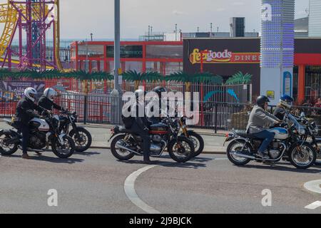 Southend on Sea, UK. 22nd May, 2022. Motorcycle riders take part in the Distinguished Gentleman's Ride along the seafront in Southend. Penelope Barritt/Alamy Live News Stock Photo