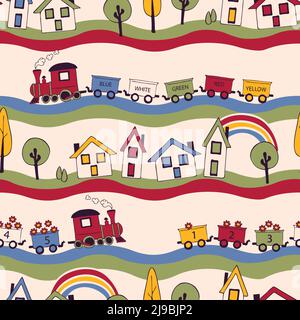 Seamless vector pattern with train on yellow background. Simple cartoon landscape wallpaper design for children. Decorative baby fashion textile. Stock Vector