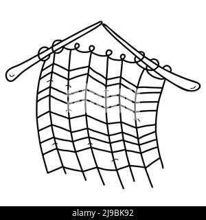 Knitting with threads. Knitted thing on needles. Vector illustration in hand drawn linear doodle style. Line, outline for design, decor, decoration. Stock Vector