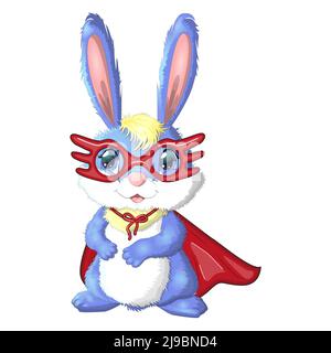 Cartoon rabbit, hare superhero in red cloak and mask. Cute childish character, Easter, spring, symbol of 2023 Chinese New Year Stock Vector