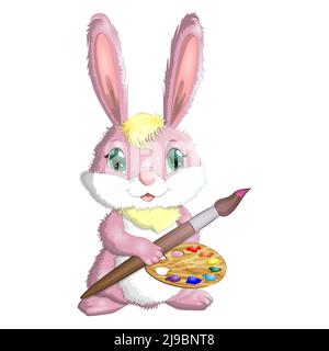 Cartoon rabbit, hare artist with brush, paints, easel. Cute child character, symbol of 2023 new chinese year. Stock Vector