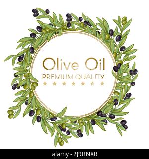 Premium quality olive oil isolated round wrench composition with olives branches editable text on blank background vector illustration Stock Vector