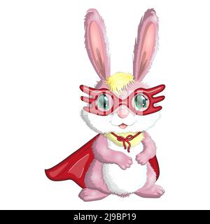 Cartoon rabbit, hare superhero in red cloak and mask. Cute childish character, Easter, spring, symbol of 2023 Chinese New Year Stock Vector