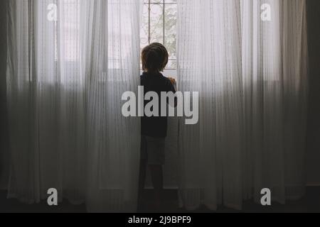 The boy looks out the window, hung with light curtains. Stock Photo