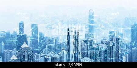 Futuristic urban skyline. Global communications and networking. Cyberspace in big city Stock Photo
