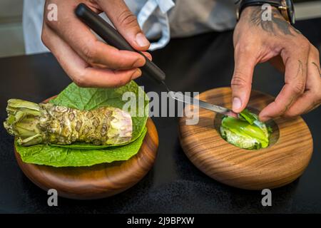 Chefs appreciate the many uses and balancing effects of fresh wasabi. Here, top chef Runar Pierre from the Öx restaurant in Reykjavik preparing a dessert. Stock Photo