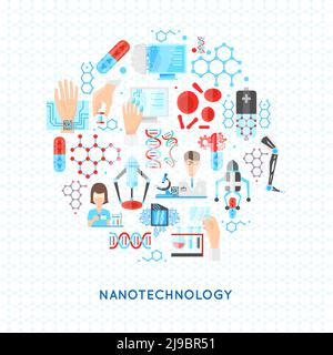 Nanotechnology round design with structures from particles dna and drugs scientific laboratory on textural background vector illustration Stock Vector