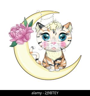 Cartoon cat on the moon with flowers. Cute child character, symbol of